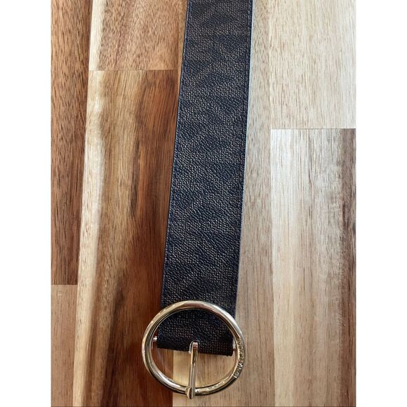 MICHAEL KORS 553725C MK Signature Belt Brown Leather-Gold Round Buckle - Picture 3 of 3